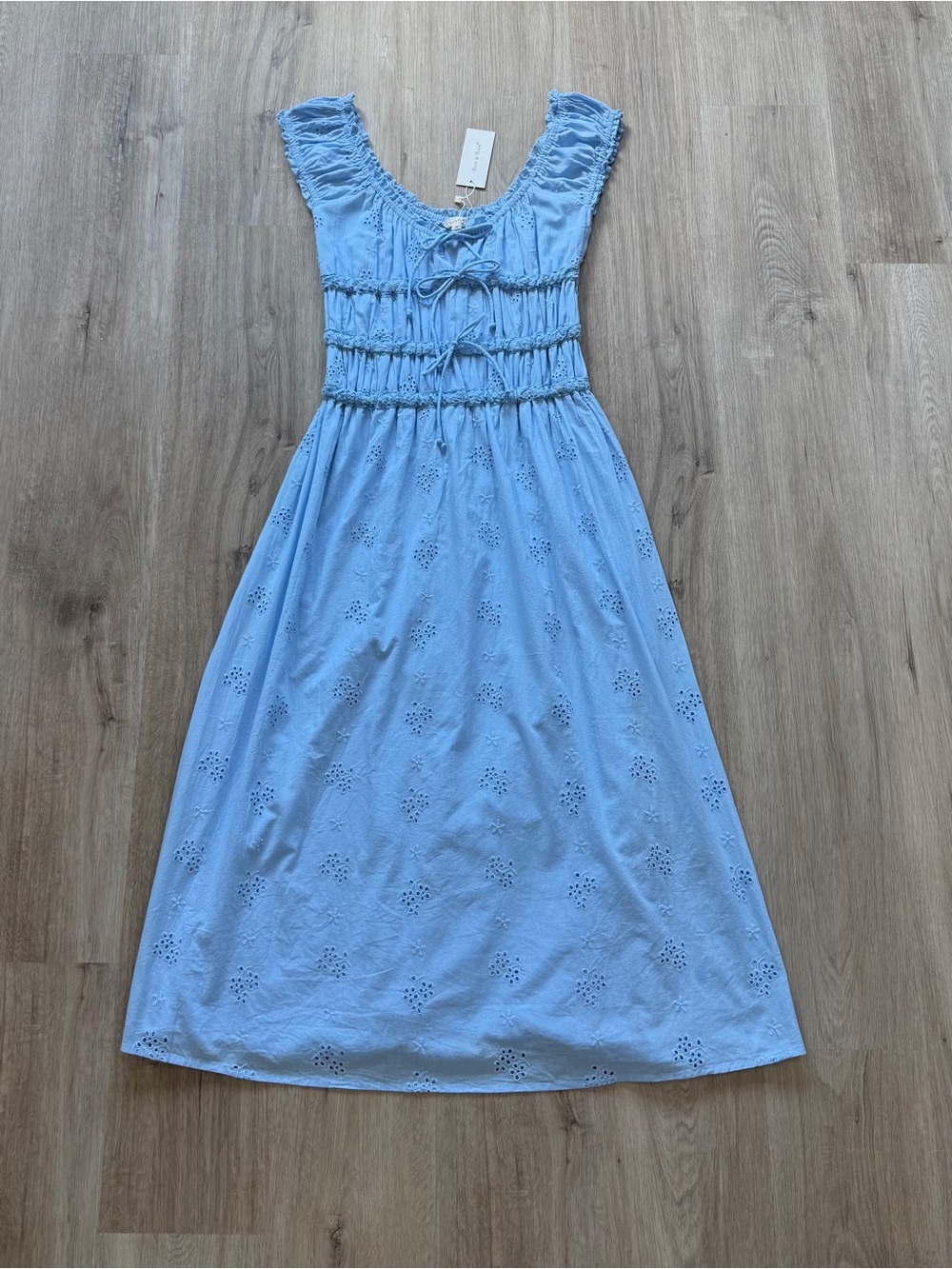 Smocked Light Blue Eyelet Midi Dress with Tie-Front Detail